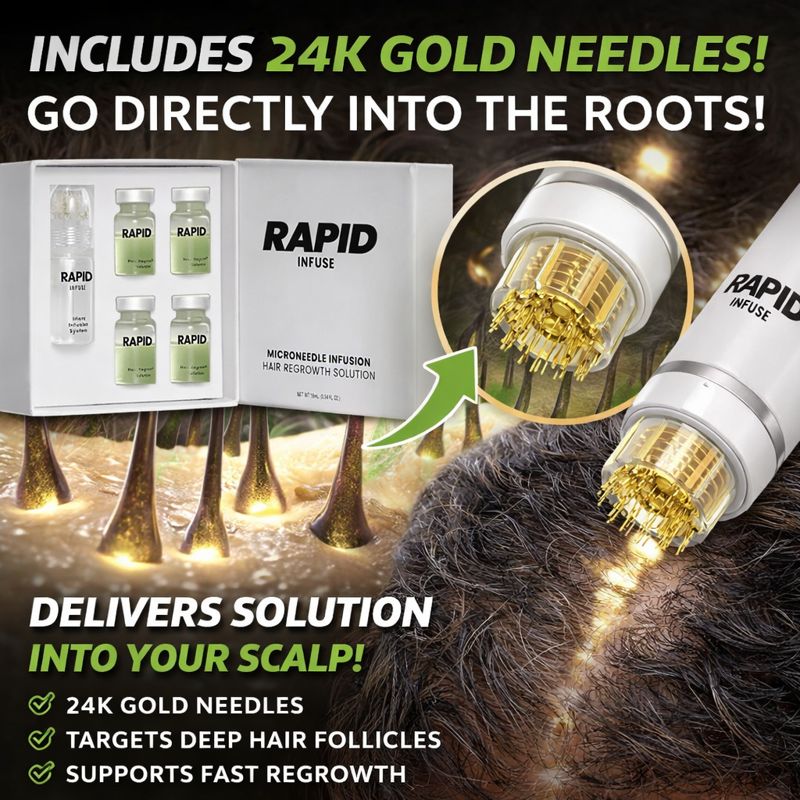 24K gold microneedles delivering solution to scalp